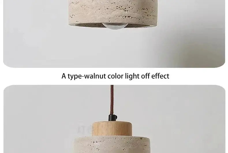 Led pendant lamp with walnut-tone wooden cap and concrete beige shade, retro Nordic home lighting decoration