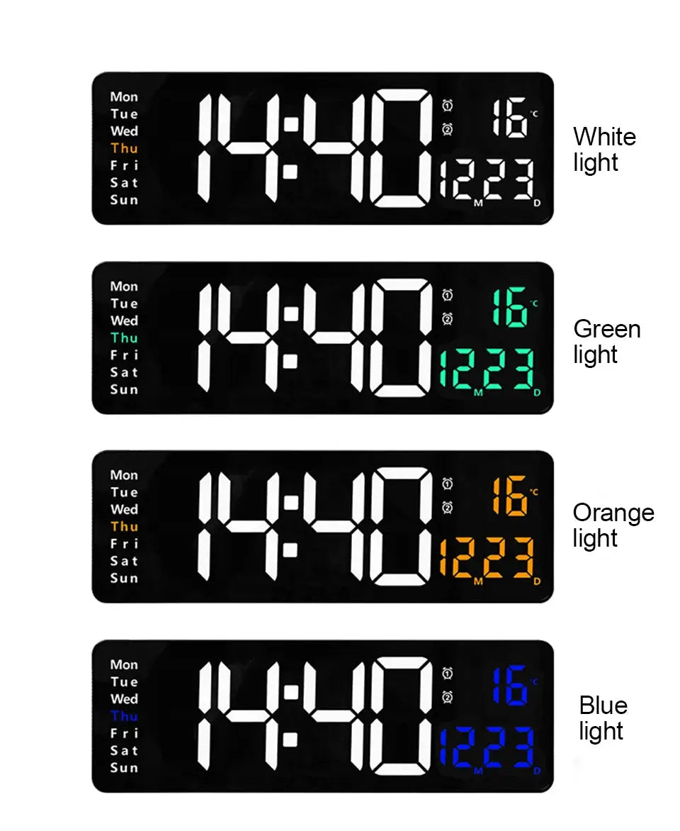 Large digital wall clock by Simples Market with remote, temp/date/week display and dual alarms; 4 LED backlight colors.