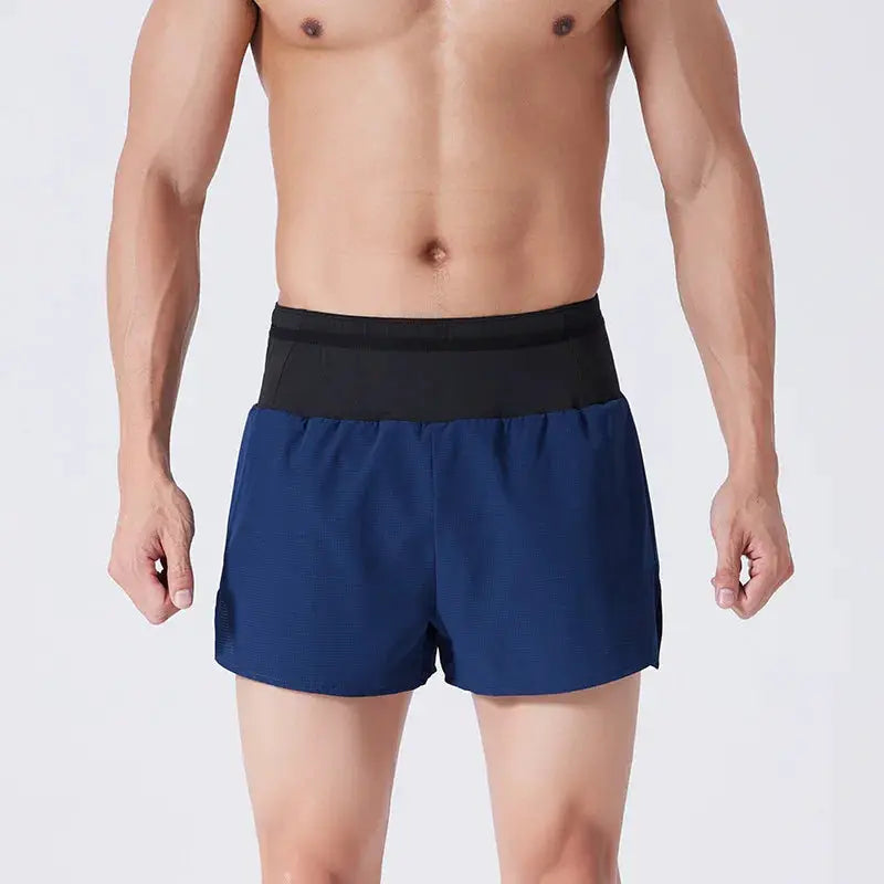 Mens blue running shorts with black elastic waistband; quick-dry breathable athletic shorts.