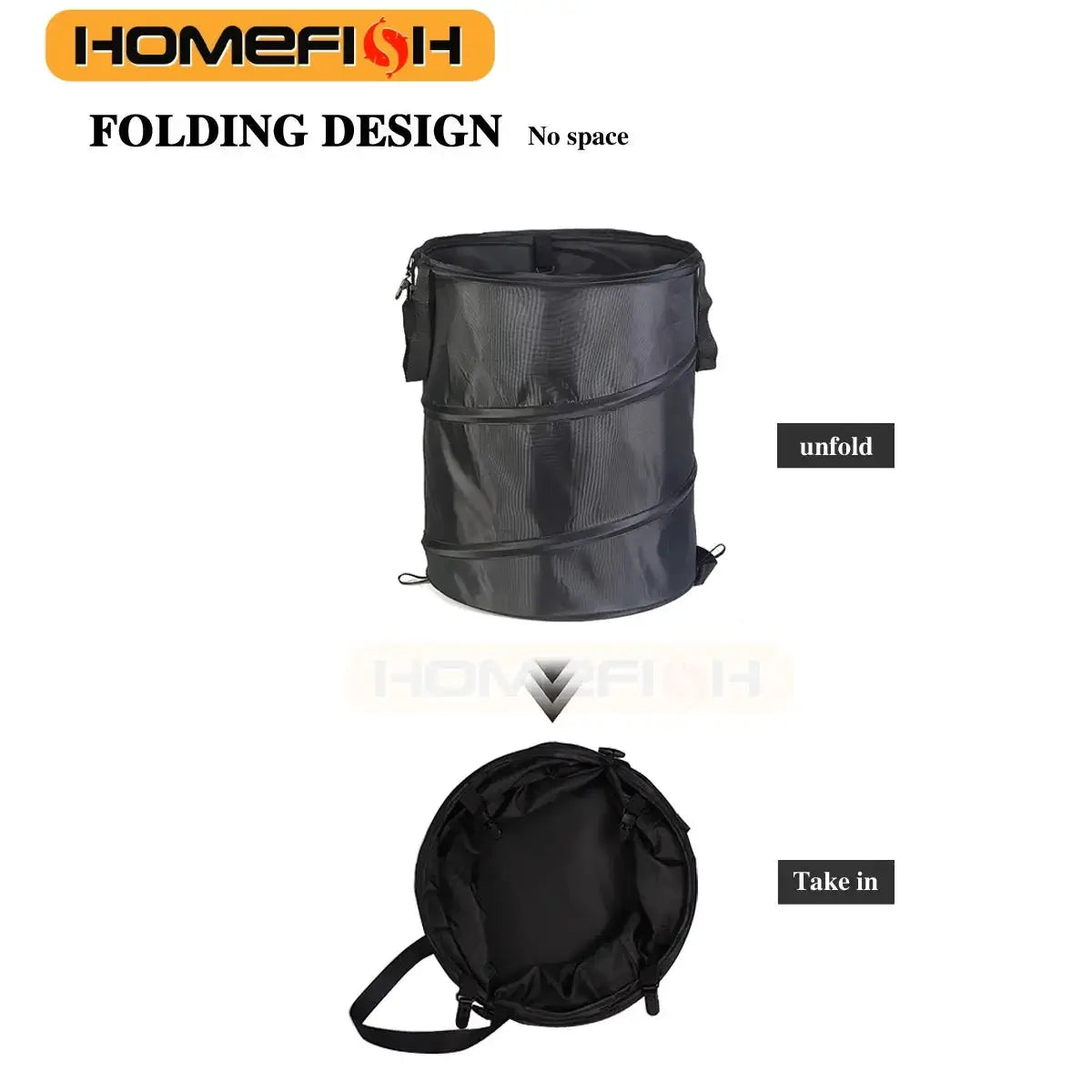 Simples Market black pop-up folding trash can, portable for camping and gardening, with round carry bag