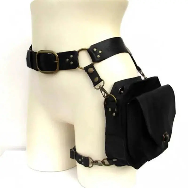 Punk Retro PU waist bag with black belt strap and metal hardware, compact hip pack