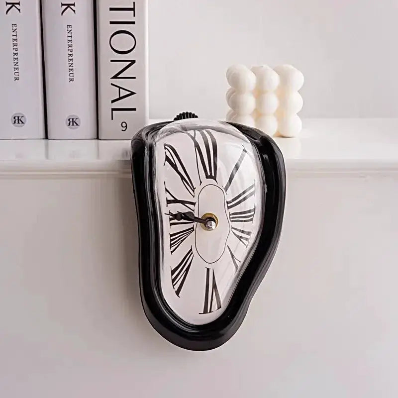 Surreal melting clock with Roman numerals and black frame, decorative home wall clock