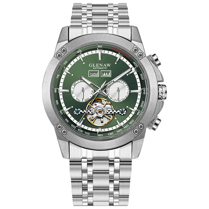 Glenaw automatic men's wristwatch with green dial, skeleton movement, stainless steel bracelet.