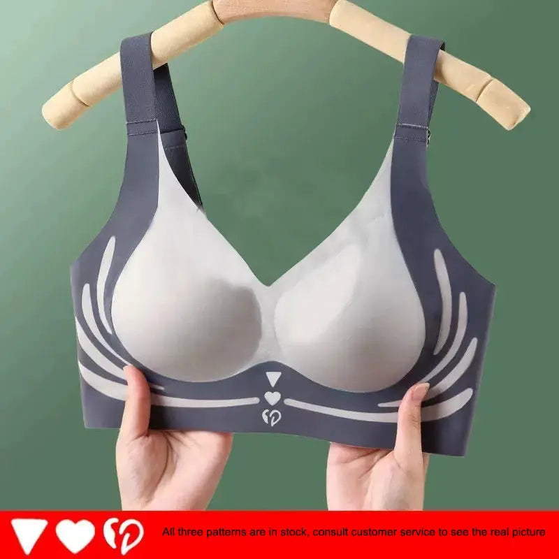 Simples Market women's seamless padded push-up bra with angel wings design, gray and white.