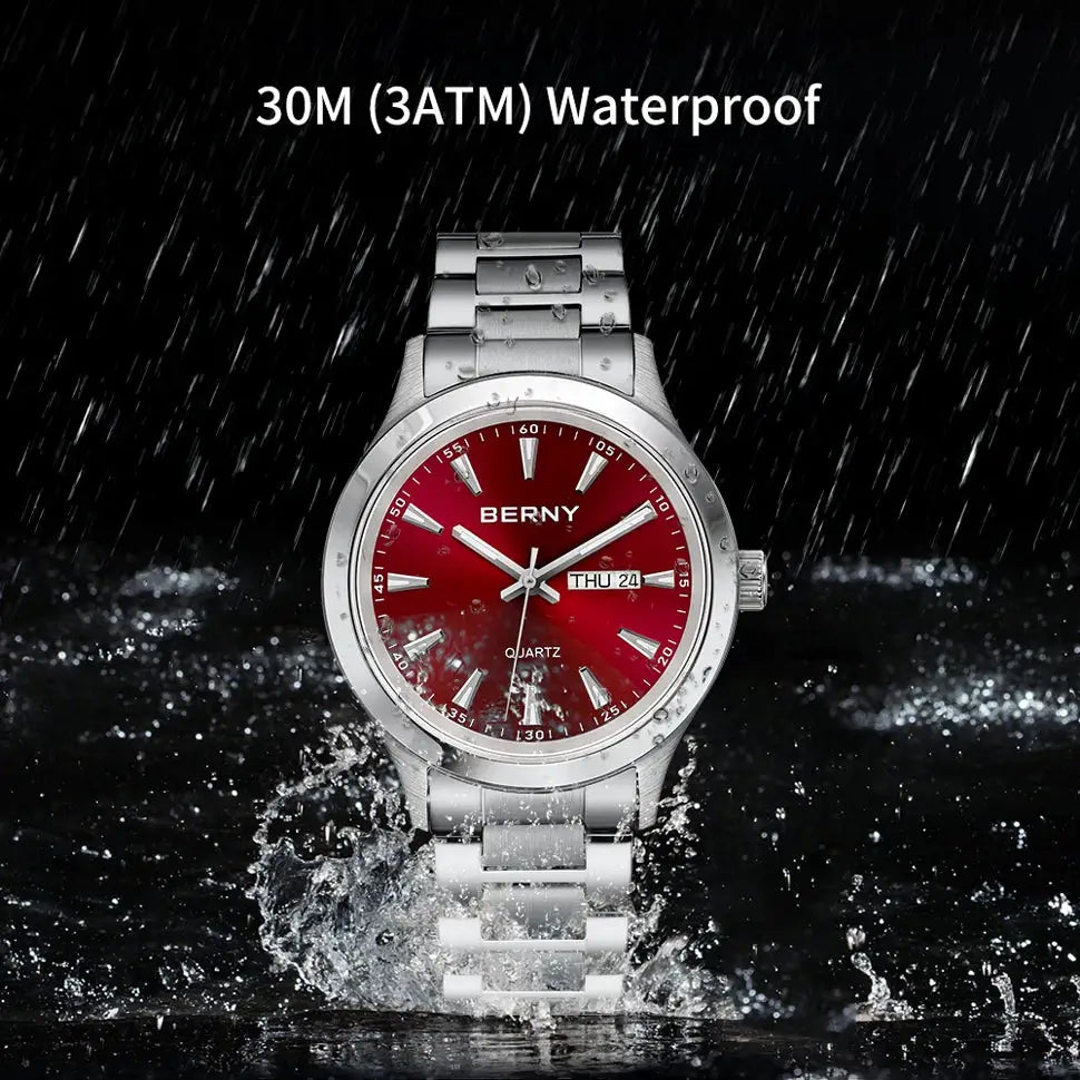 BERNY men's quartz wristwatch with stainless steel bracelet and red dial