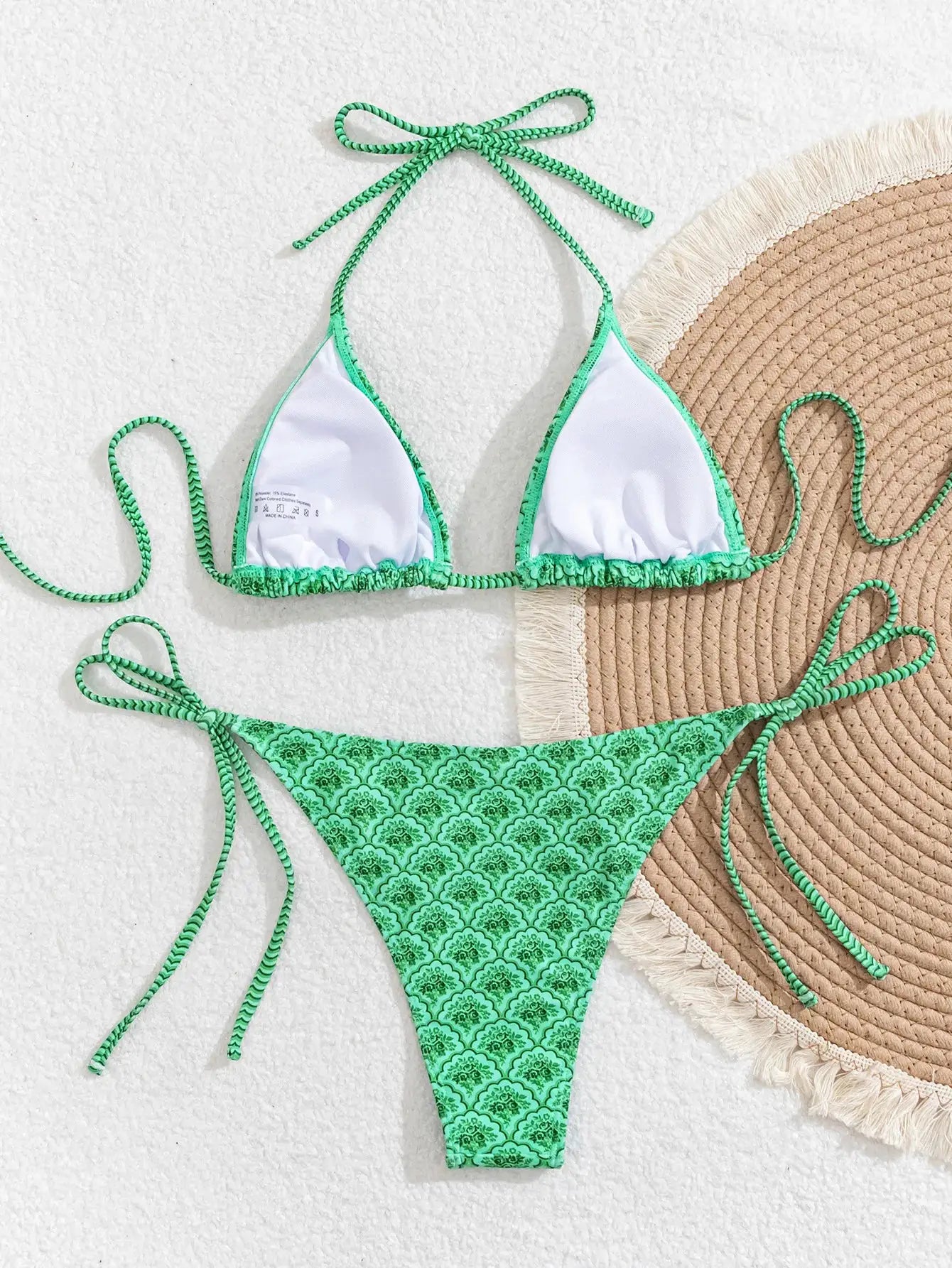 Simples Market women's bikini set; white triangle top with green trim, green patterned tie-side bottom