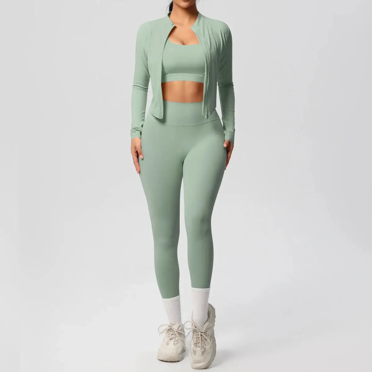 3 Piece Yoga Set for Women Sports Bra Zipper Jacket Leggings Gym Wear