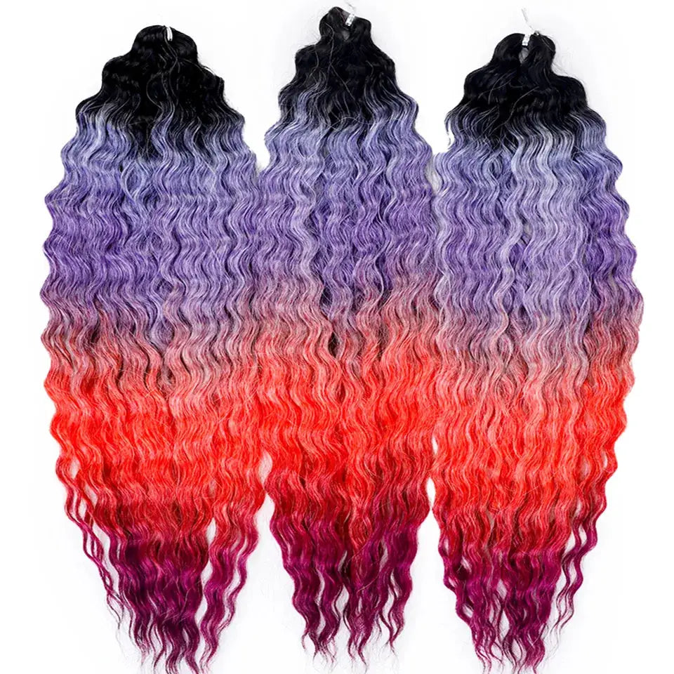 Ariel Curl crochet hair extensions, 3 bundles, 22in, ombre rainbow from black to purple to red