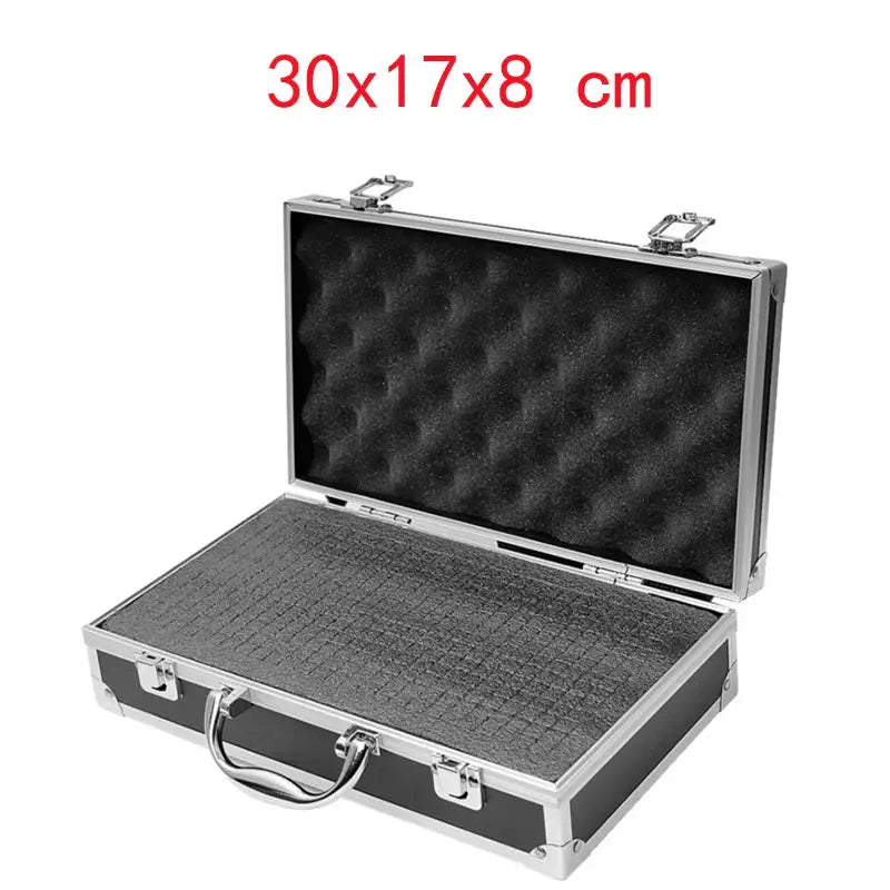 Shockproof silver aluminum tool organizer case with foam sponge insert, 30x17x8 cm