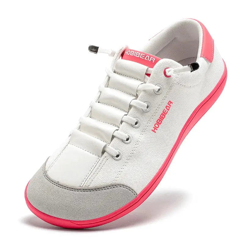 HOBIBEAR wide-toe barefoot canvas sneaker, unisex white upper with gray toe cap and pink sole