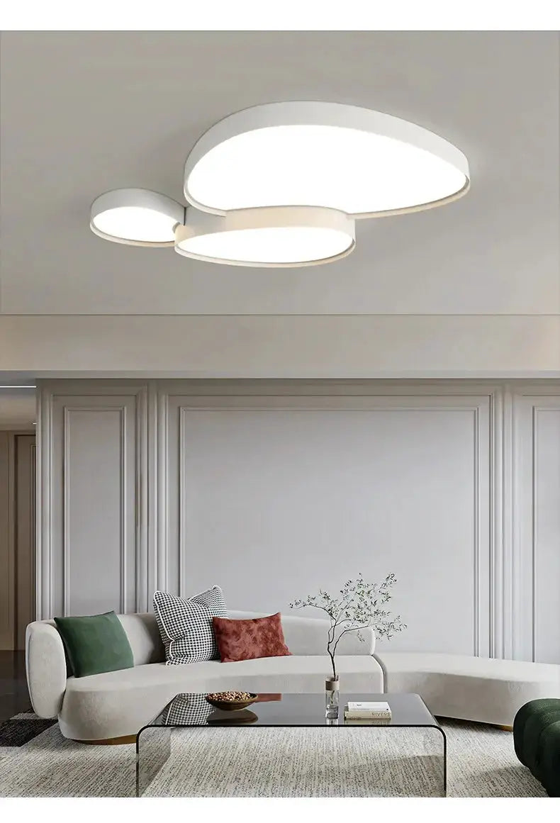 Modern simple LED ceiling lamp with three white oval diffusers and remote control, ideal for living or dining rooms.