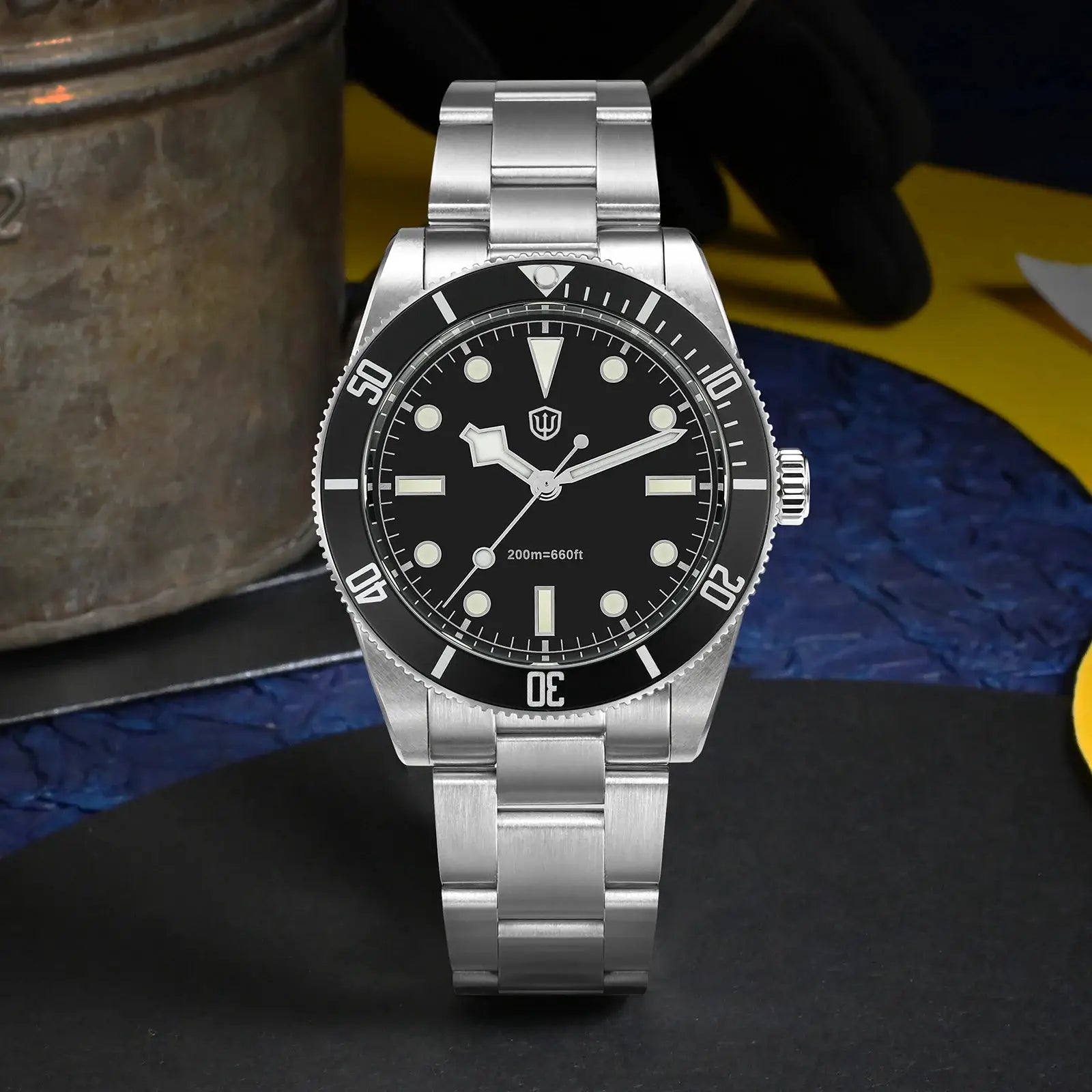 Watchdives WD7922 BB54 diver watch with stainless steel bracelet, black dial, luminous markers, 200m water resistant