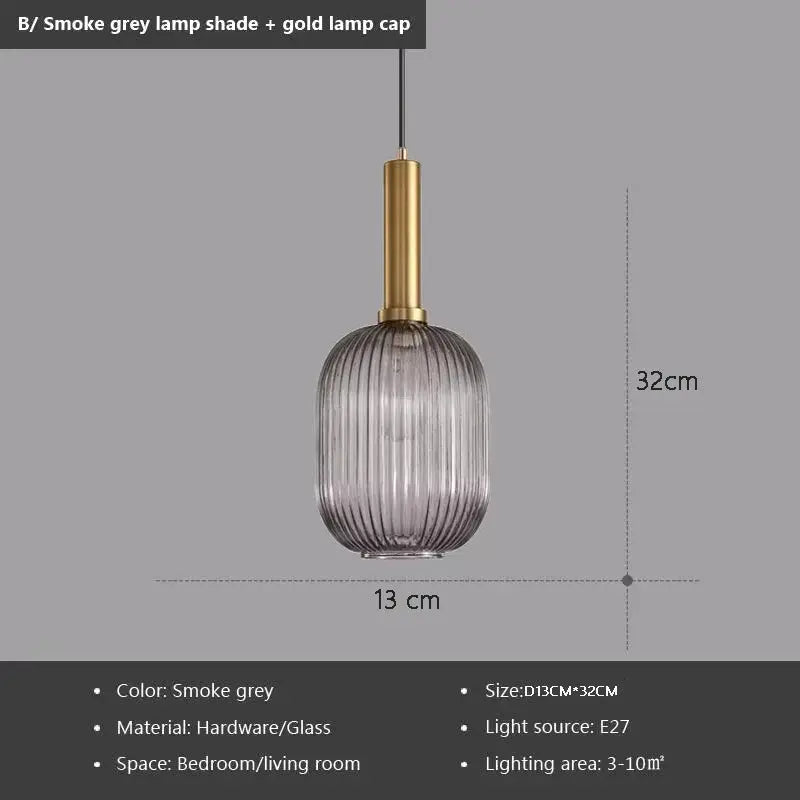 Simples Market Nordic glass pendant light, smoke grey ribbed shade with gold cap, E27 single hanging lamp