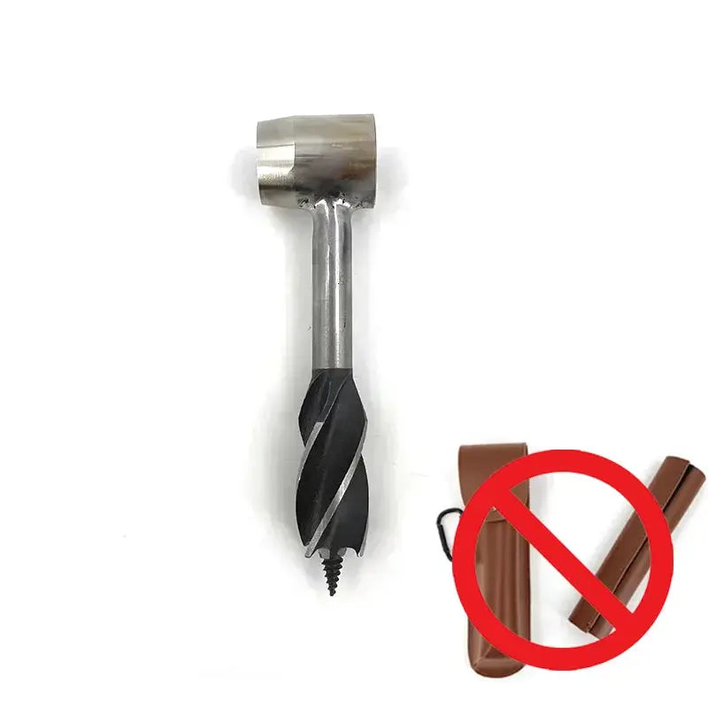 Auger wrench hand drill with metallic head and black spiral bit; outdoor survival bushcraft tool