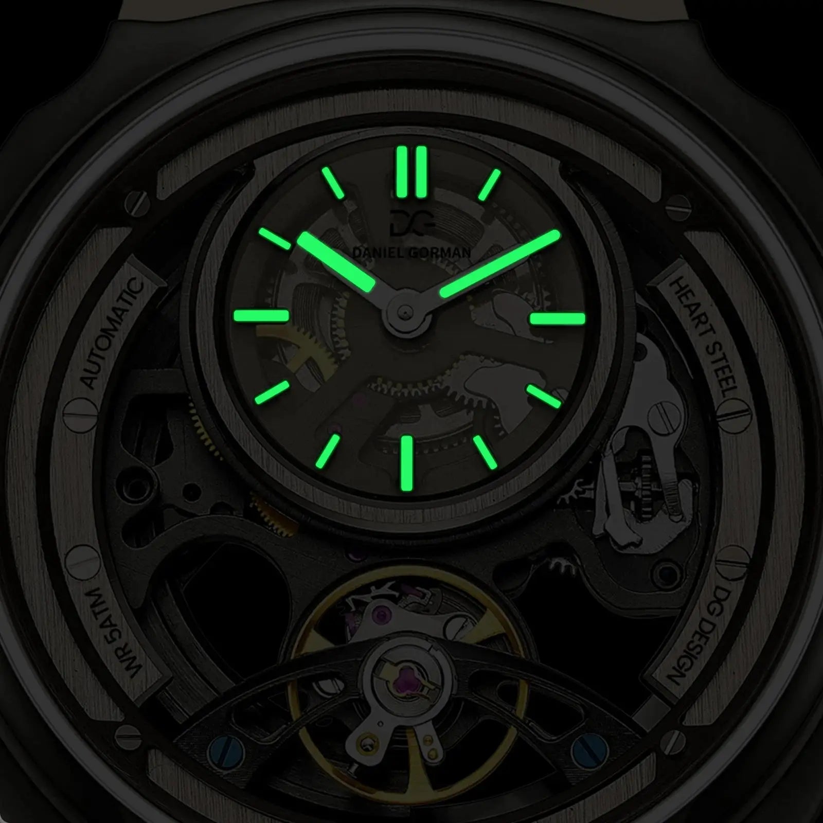 Daniel Gorman men's automatic watch with green luminescent dial markers and visible gears