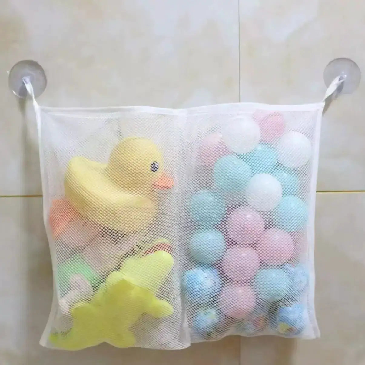 White Baby Bath Toys Storage Mesh Bag With Strong Suction Cups For Kids Toddlers Bathroom Organizer