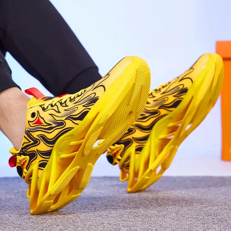 Simples Market yellow flame-pattern sneakers, breathable casual men's running shoes with a chunky sole