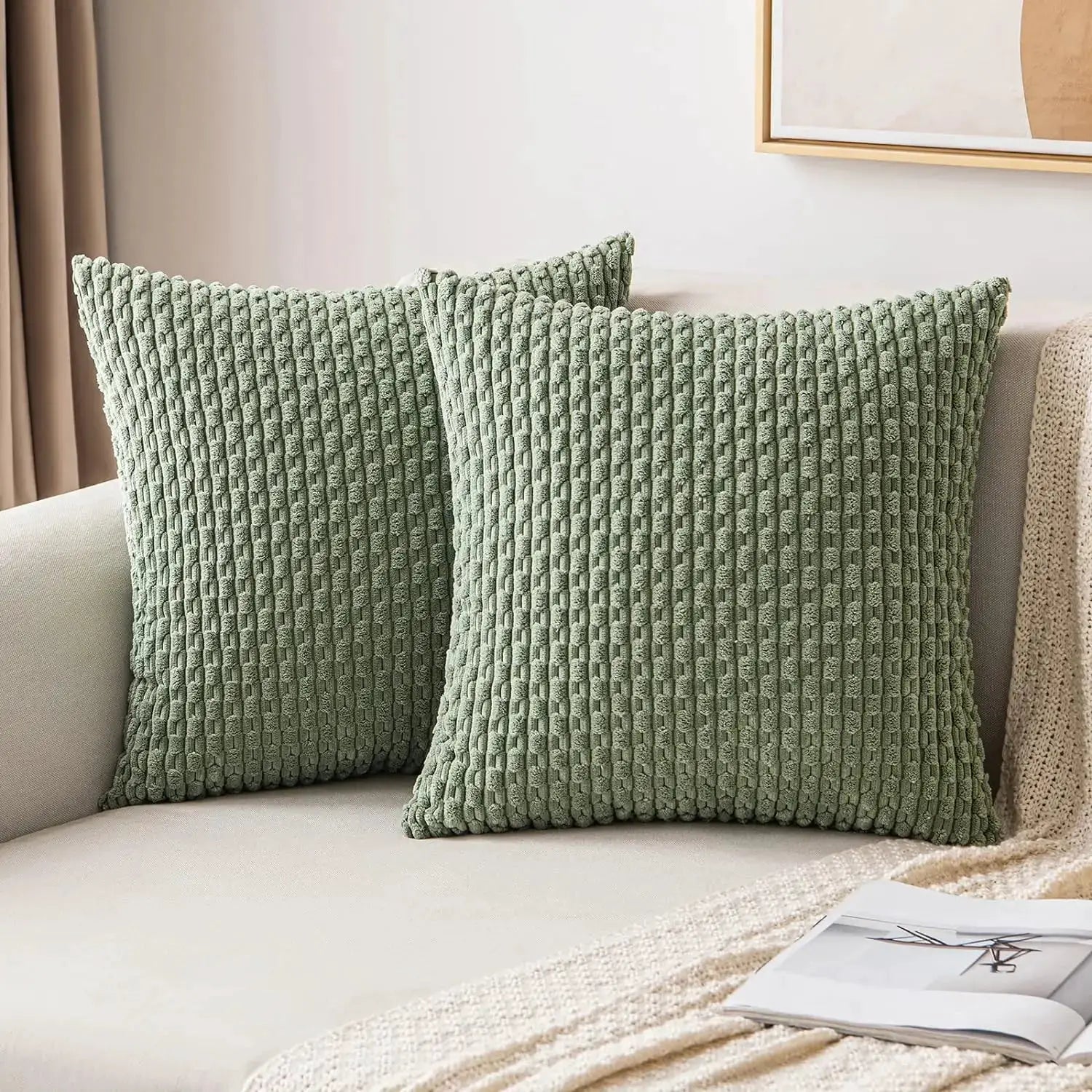 Simples Market fall decorative throw pillow covers in sage green corduroy with textured vertical ribs, set of 2 on sofa.
