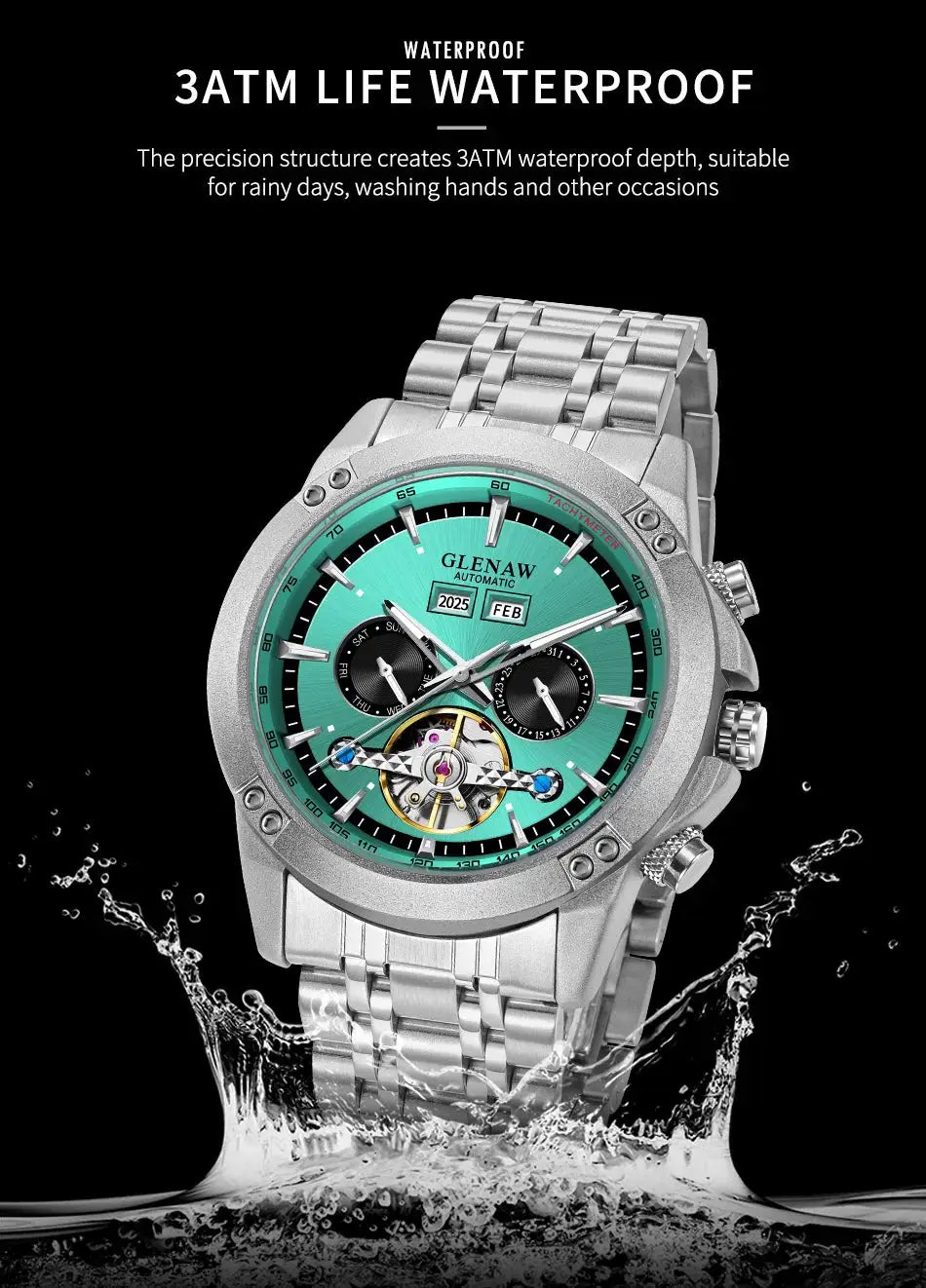 Glenaw stainless steel men's automatic mechanical watch with turquoise dial, waterproof and multifunction subdials.