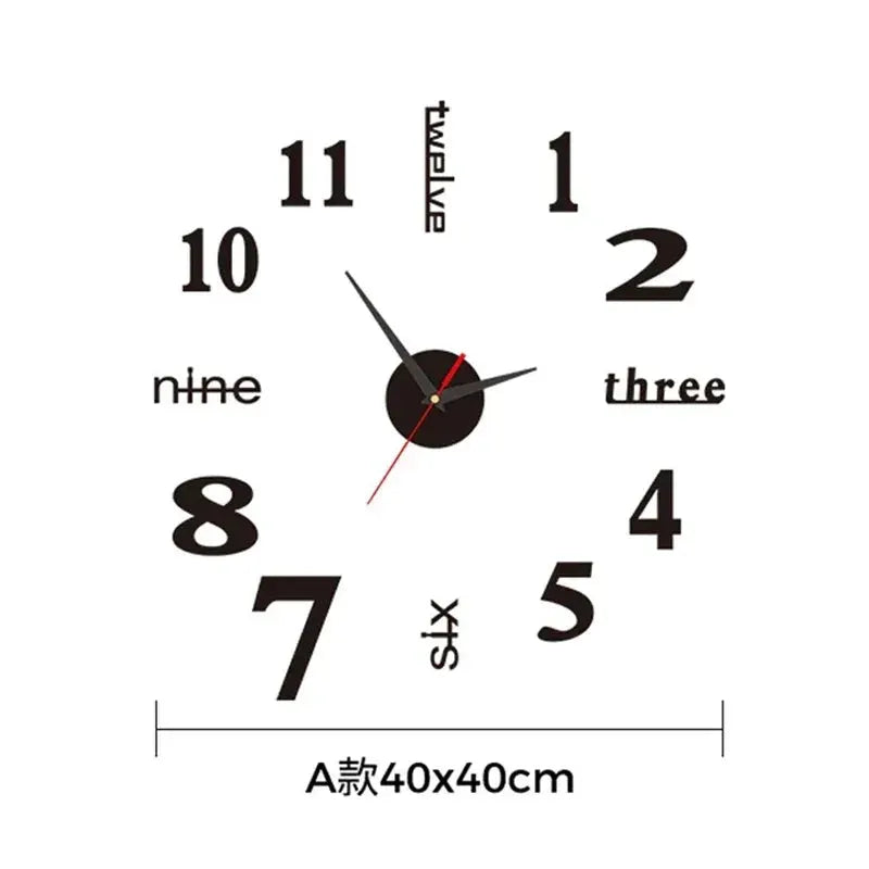 3D DIY silent wall clock sticker, large 40x40 cm with bold black numerals and red second hand