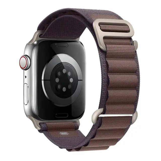 Apple Watch nylon Alpine strap for 40–45mm models, two-tone brown-taupe with beige hardware, adjustable metal buckle.