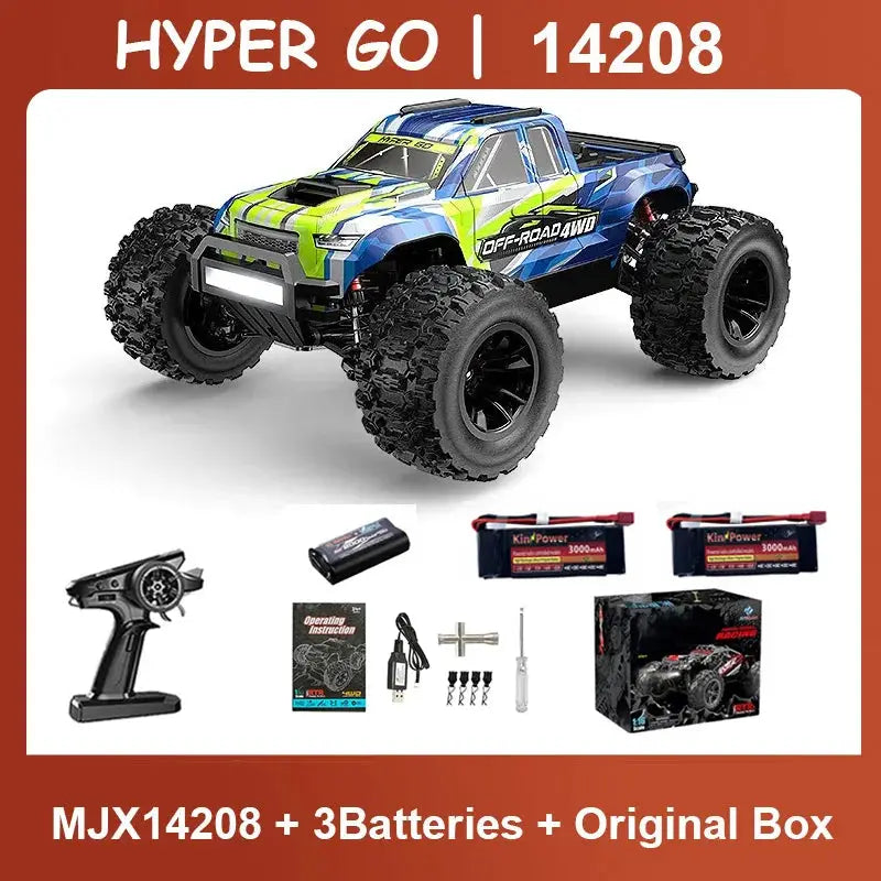 Hyper Go MJX 14208 1/14 RC car, 4WD off-road brushless with 2.4G remote; includes 3 batteries and original box.