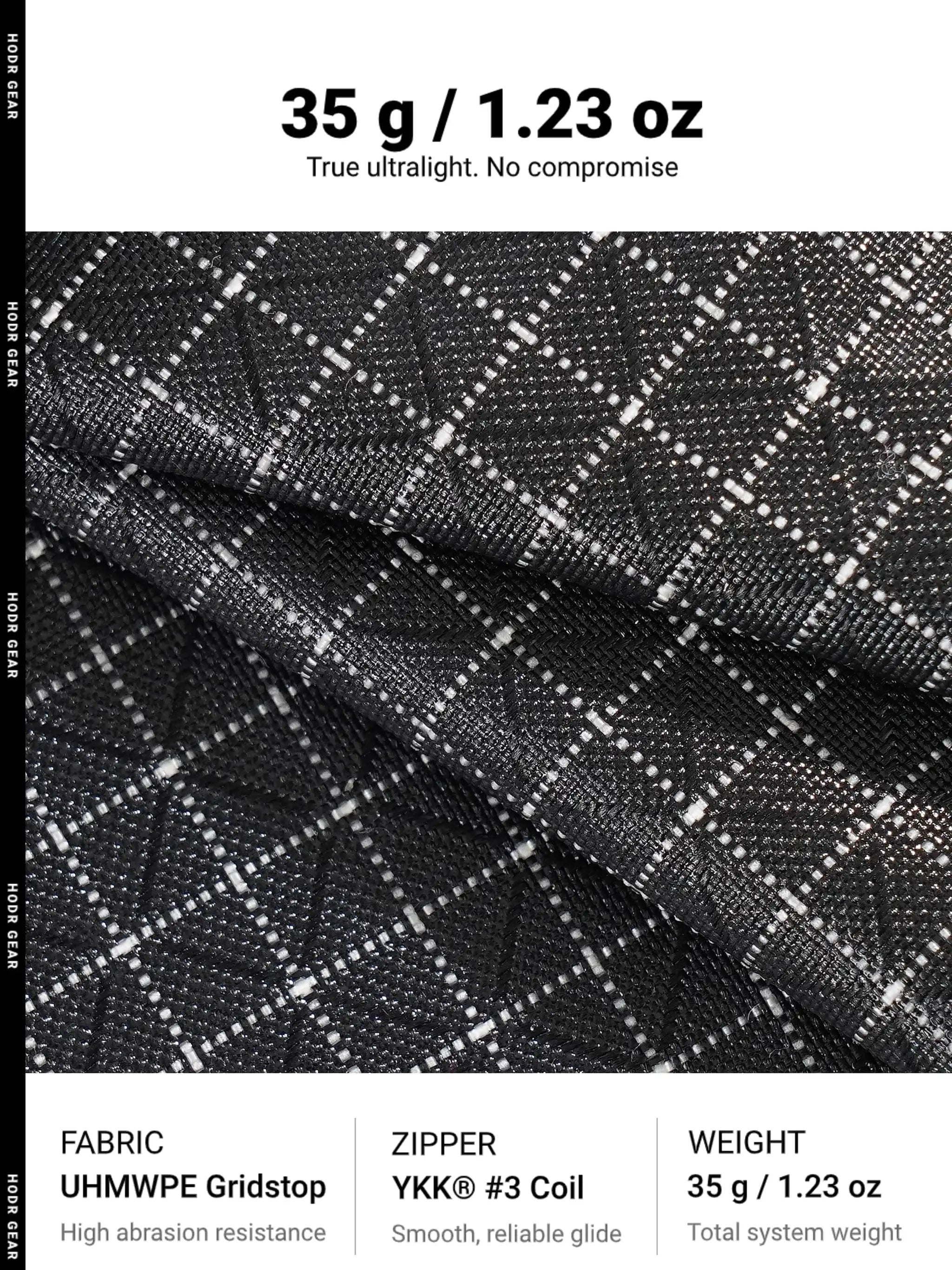 HODR GEAR UHMWPE Gridstop fabric close-up; black and gray woven grid texture