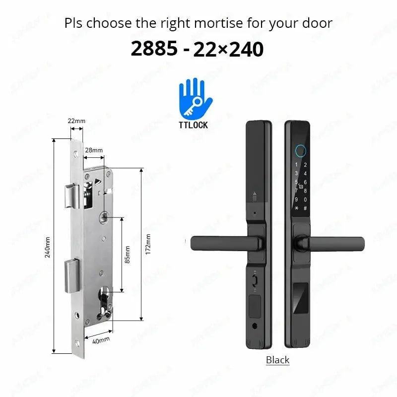Waterproof sliding door smart lock with TTLock keypad, fingerprint, RFID, and digital code; black aluminum finish