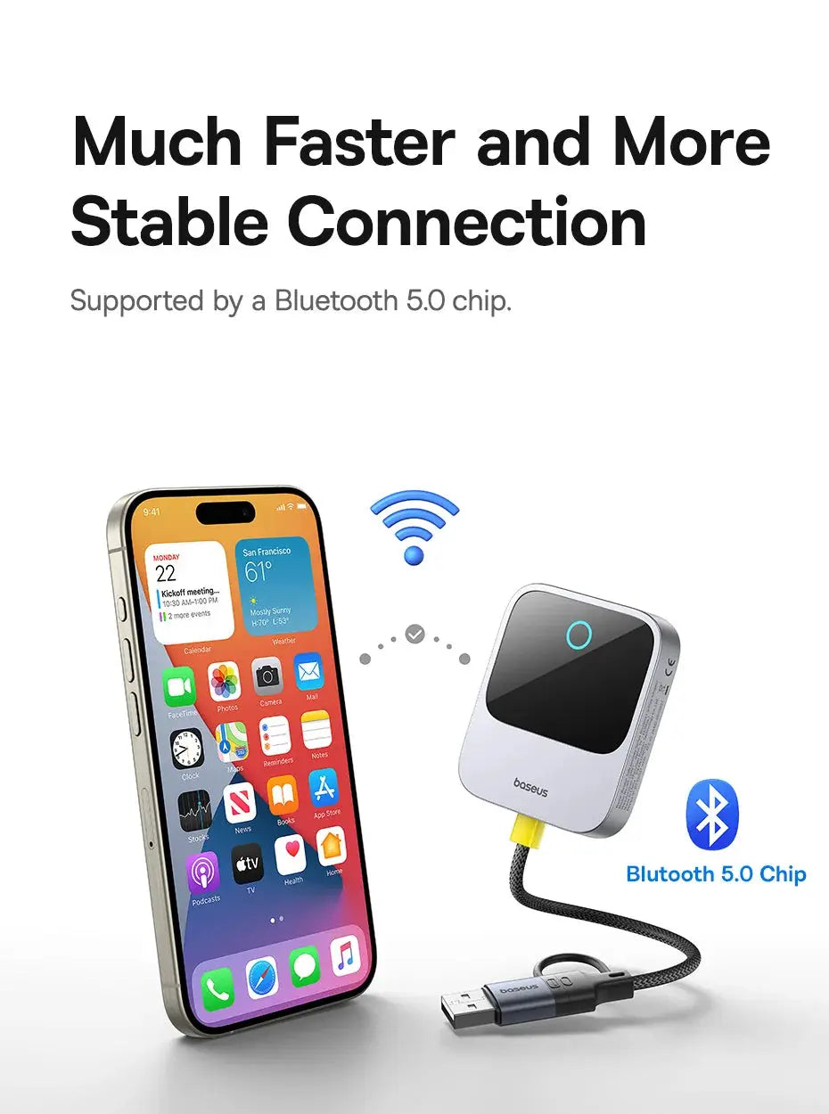 Baseus Wireless CarPlay adapter with USB-A cable beside an iPhone
