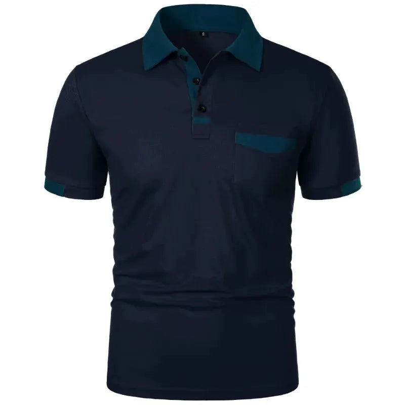 Men's navy polo shirt with teal collar and teal chest pocket trim; short sleeves