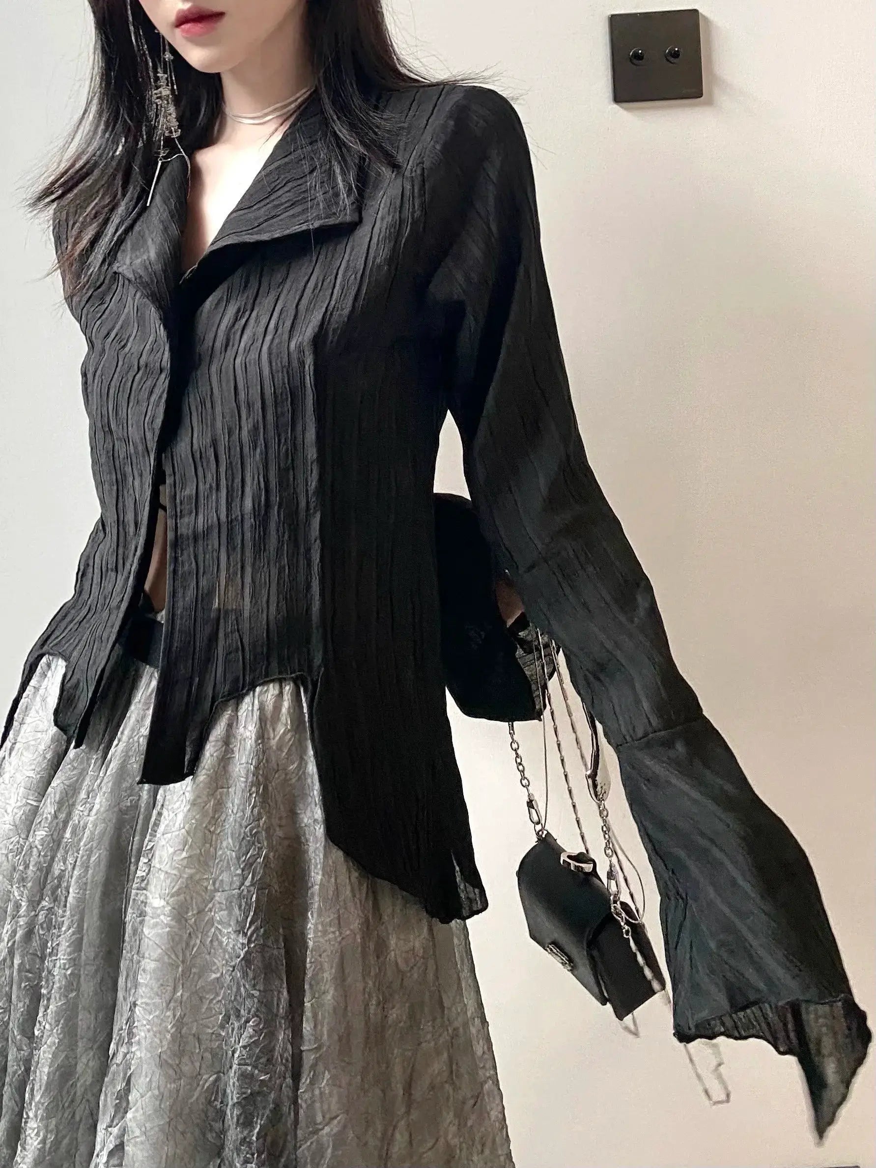 Karrram Gothic black shirt blouse with crinkled textured fabric, long sleeves, alt emo fashion Simples Market