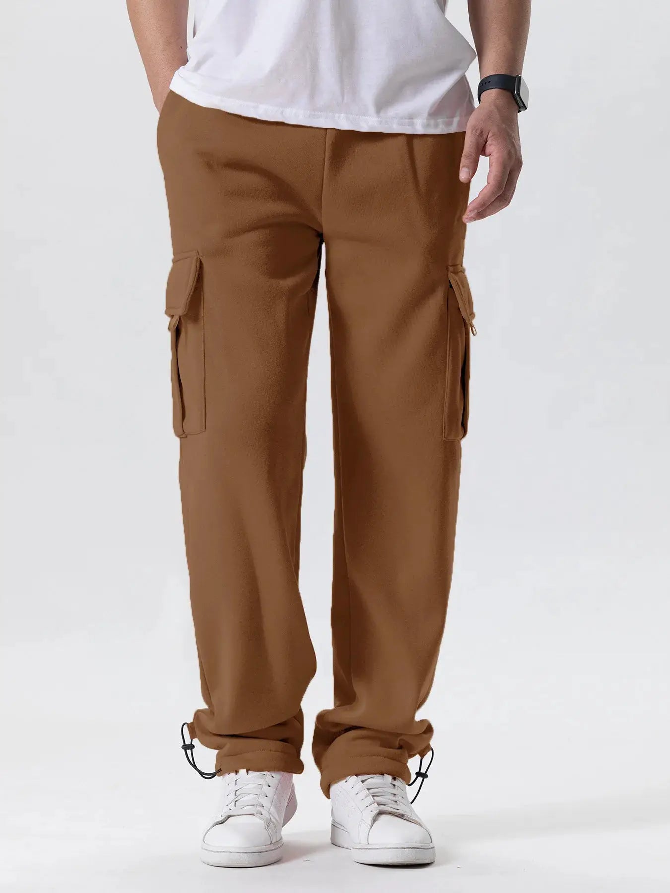 Mens brown cargo joggers with thigh cargo pockets and drawstring ankle cuffs.