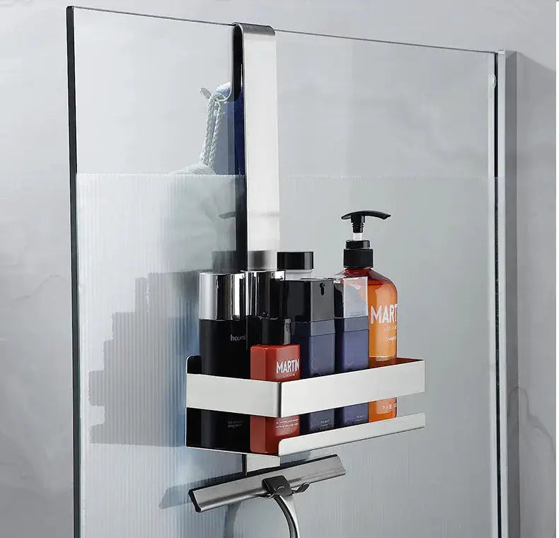 Movable bathroom shelf organizer with chrome steel frame and white two-tier shelves mounted on a glass shower panel.