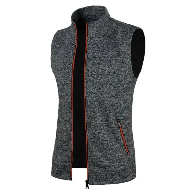 Simples Market men's sleeveless zip-up vest in heather gray with orange piping.