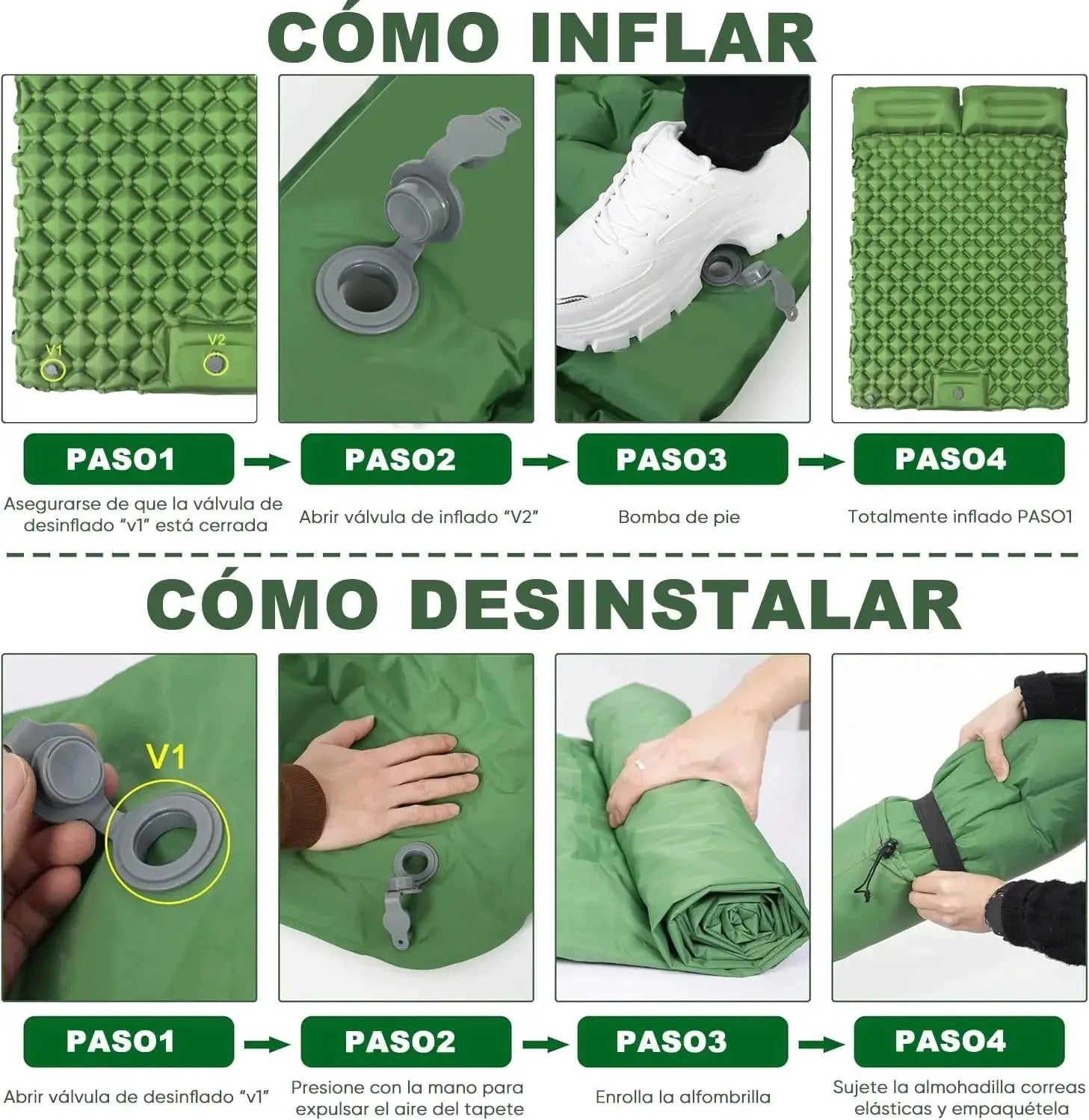 Simples Market outdoor double inflatable sleeping pad, ultralight green camping mattress with air valves