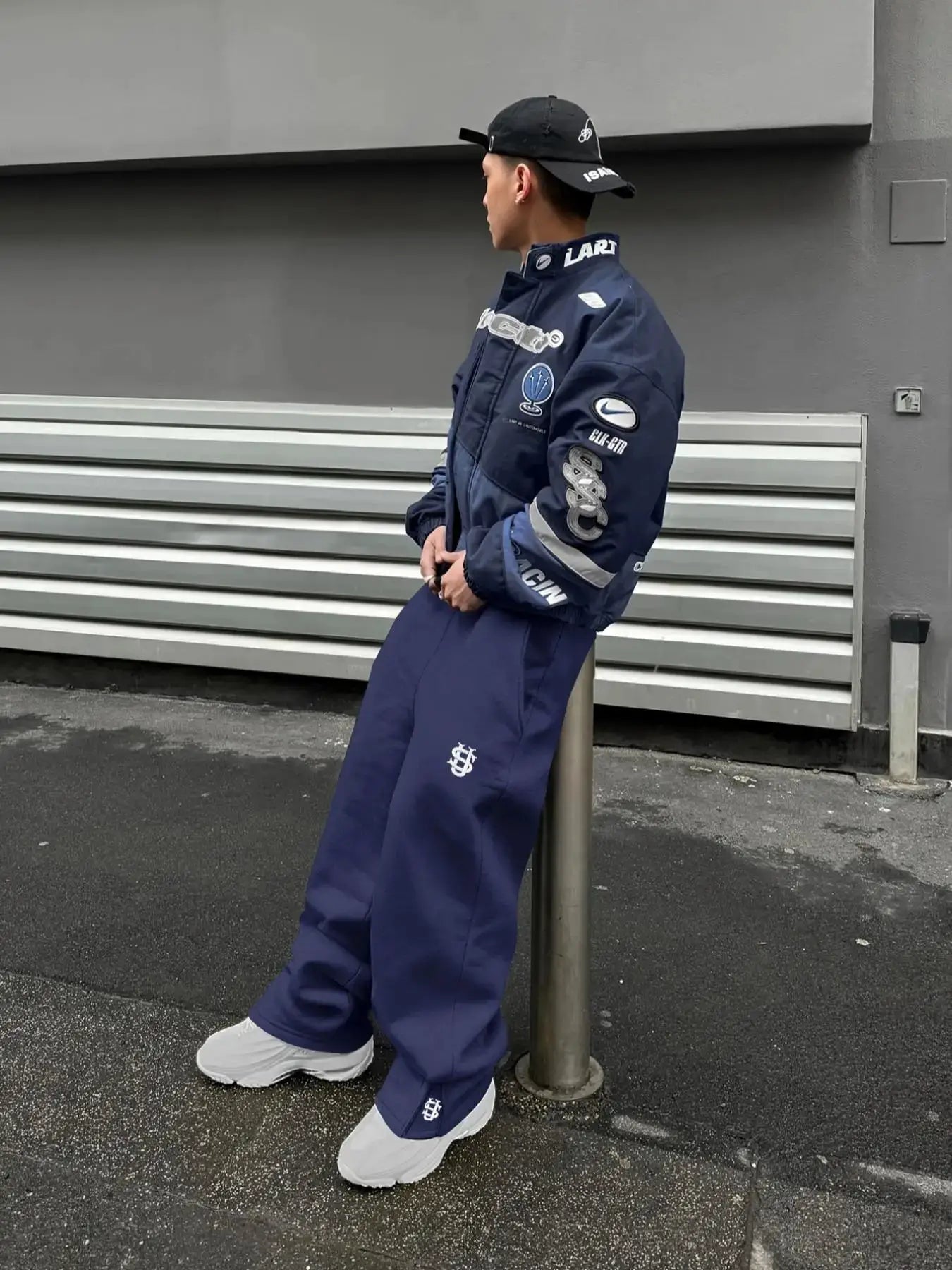 New Y2K pants for men by Simples Market, navy blue joggers with embroidered patches