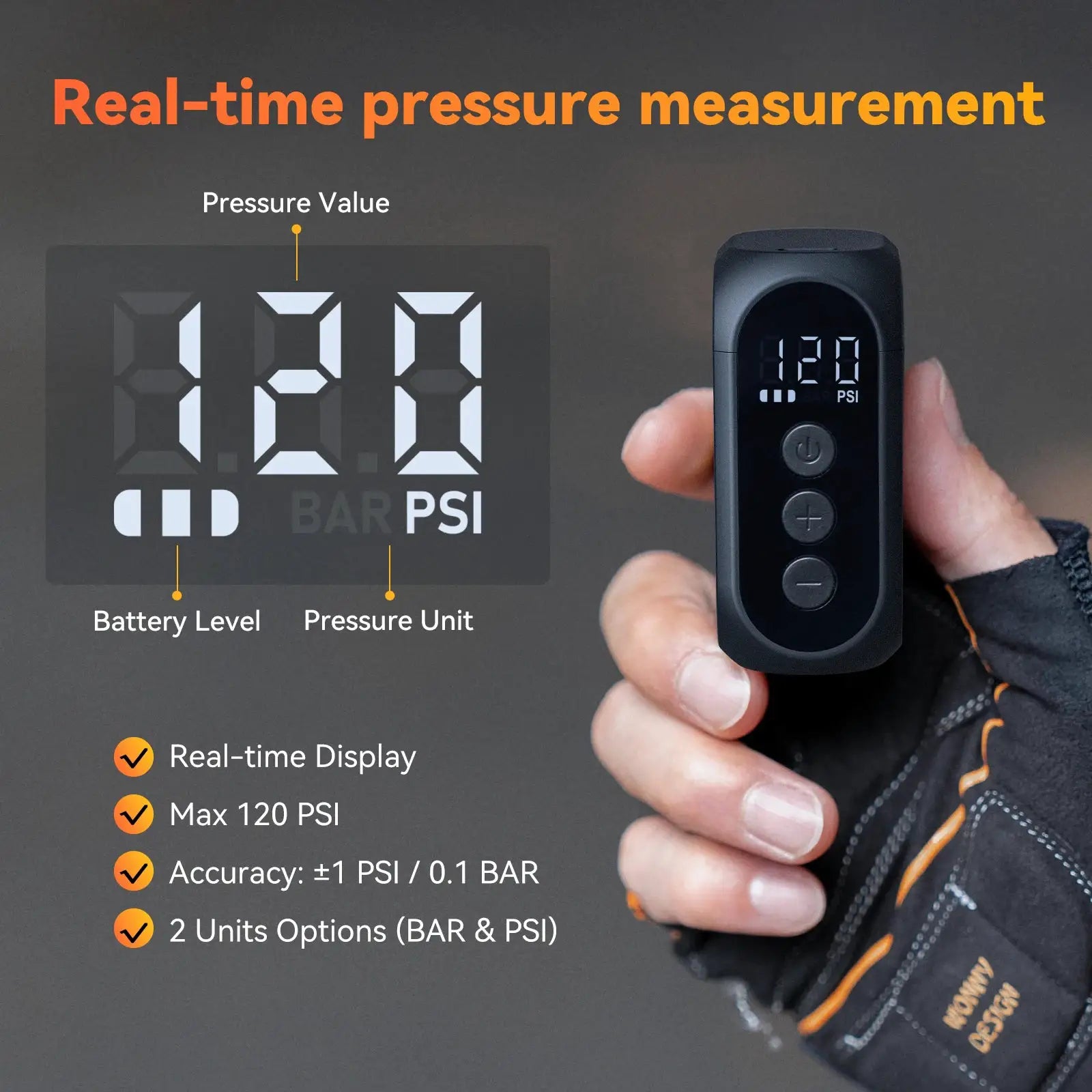 Anoutway AT1 Pro Mini Cordless Bike Tire Inflator With Screen 25 Mins Fast Charging 120 PSI Max