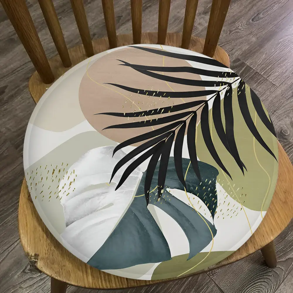 Palm Tree Leaves Art Chair Cushion, round 45x45cm in beige and olive with black palm fronds, Simples Market