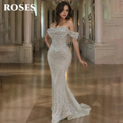 Roses Pearl Prom Dress Sweetheart Off Shoulder Gown With Sequins