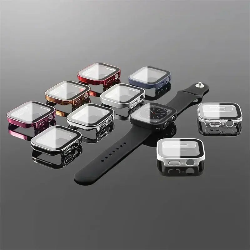 Screen protector for Apple Watch and PC bumper cases in assorted colors, 40–46mm sizes.