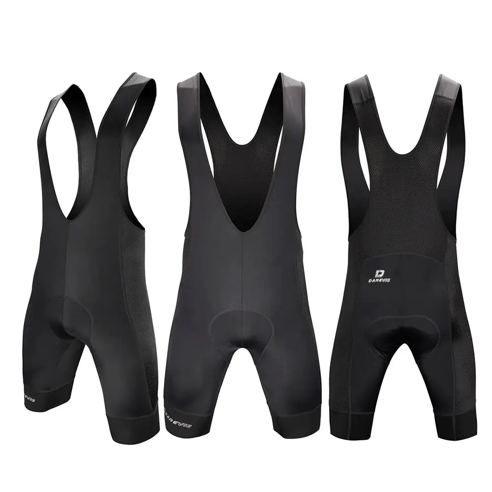 DAREVIE cycling bib shorts, black with mesh panels and 7cm leg grippers, 3-pack.