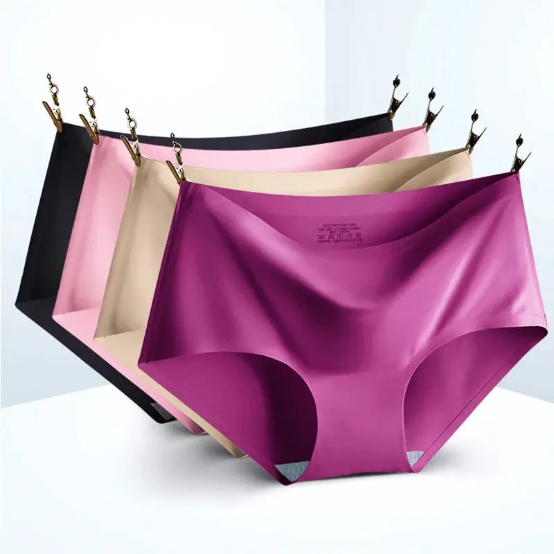 5-pack XXL seamless women’s panties, mid-waist, ice silk fabric, multicolor set (purple/pink/beige/black)