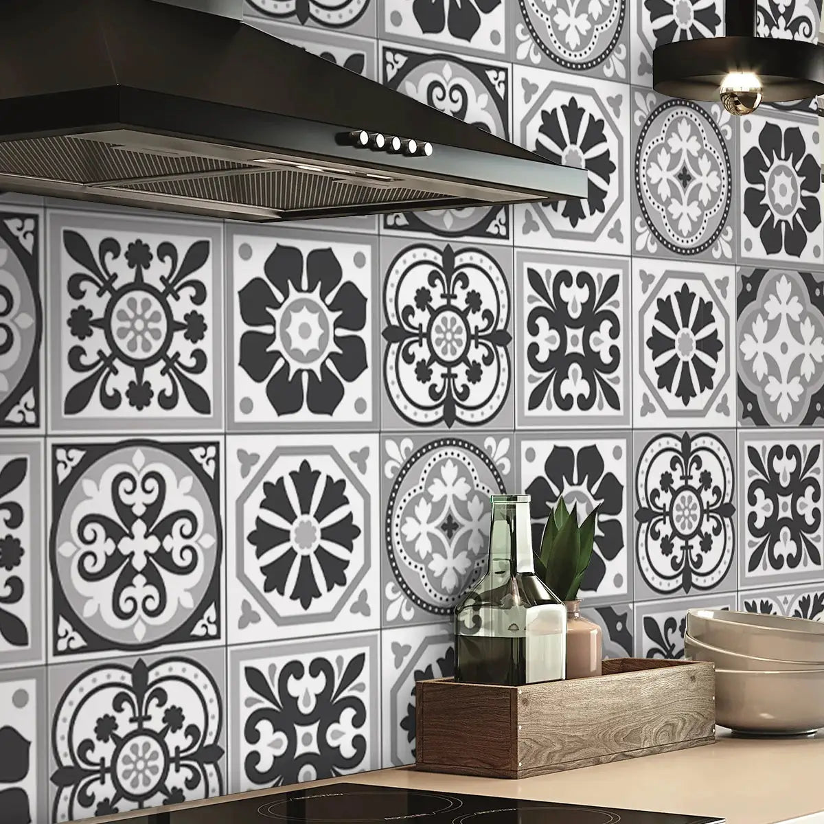 Mediterranean tile-style PVC backsplash roll; black and white pattern for kitchen and bathroom, Simples Market