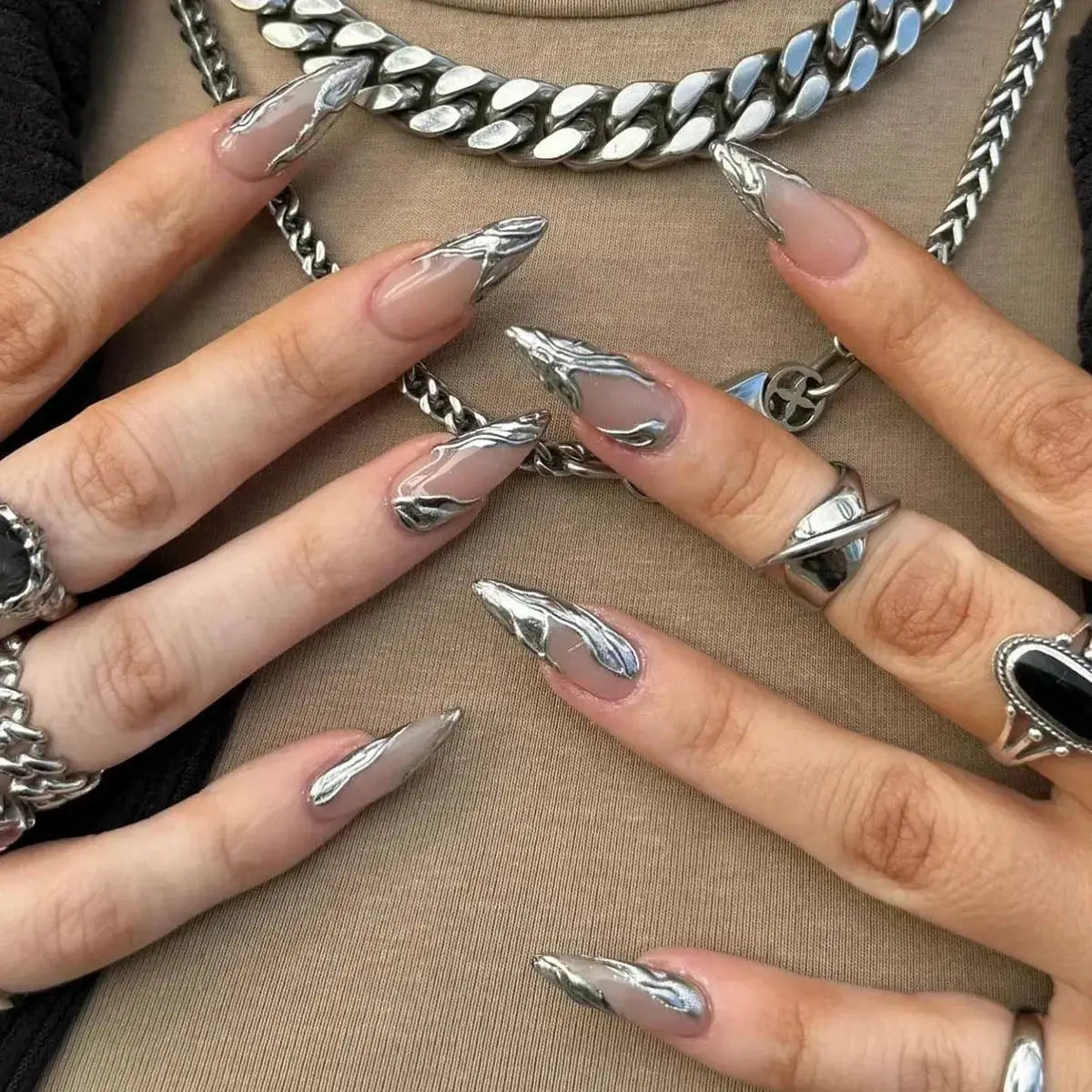 Glamora French Almond False Nails 24 Piece Press On Stiletto Tips With White Edge Design Glue Included For Wearable Glam