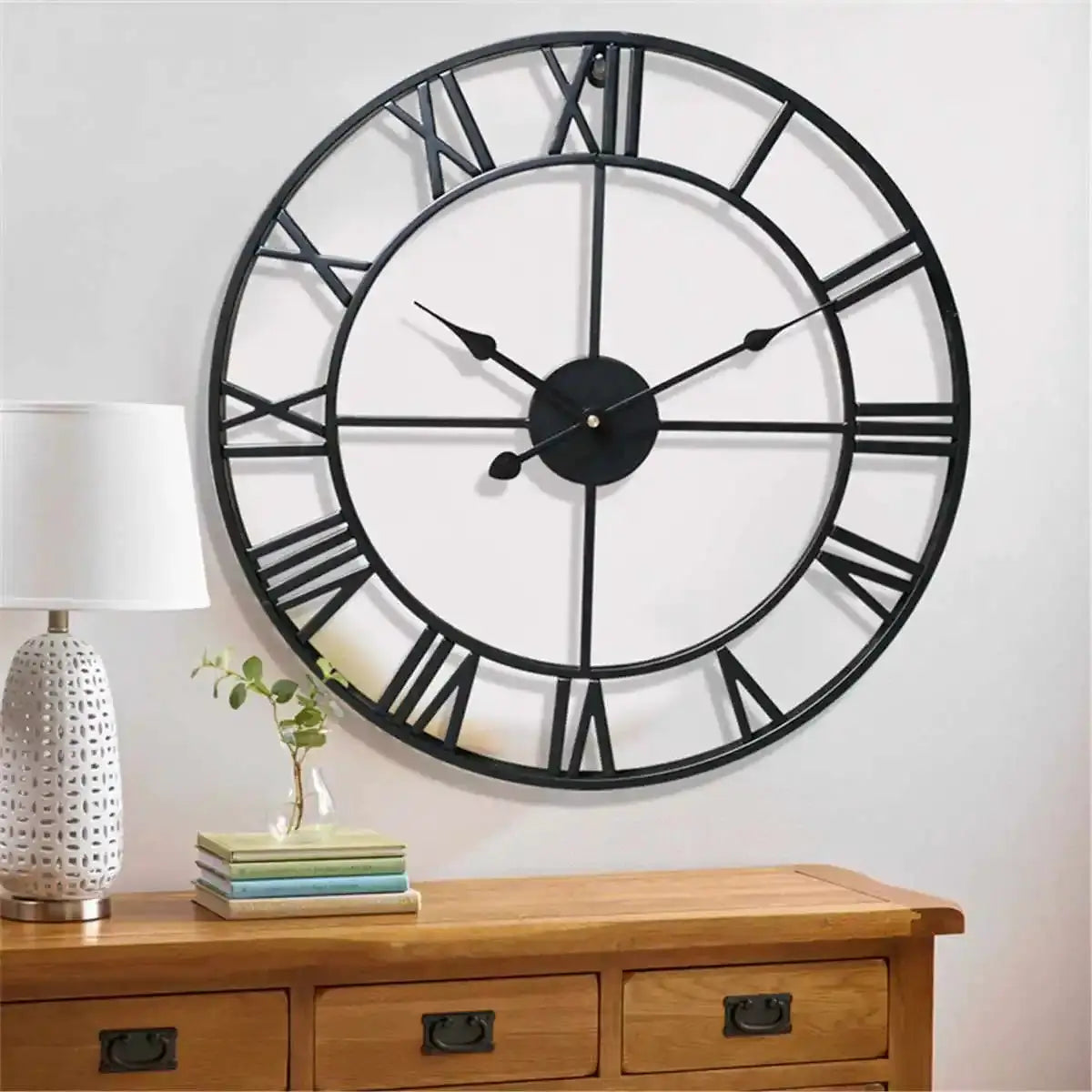 Modern 3D large round wall clock, black metal with Roman numerals, living room decor