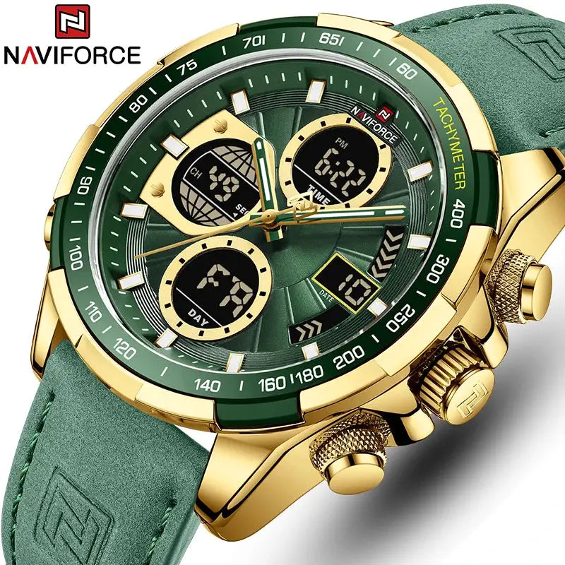 NAVIFORCE men's gold-tone wristwatch with green dial and green leather strap, chronograph, quartz, waterproof.