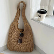 Rattan woven shoulder bag in tan, large-capacity casual beach tote