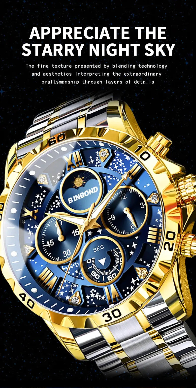 BINBOND men's luxury quartz chronograph watch; blue dial, two-tone stainless steel band