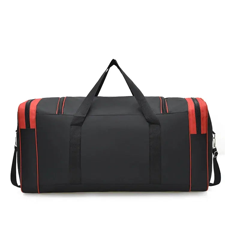 Oversized handbag by Simples Market, black with red zipper accents and dual top handles.