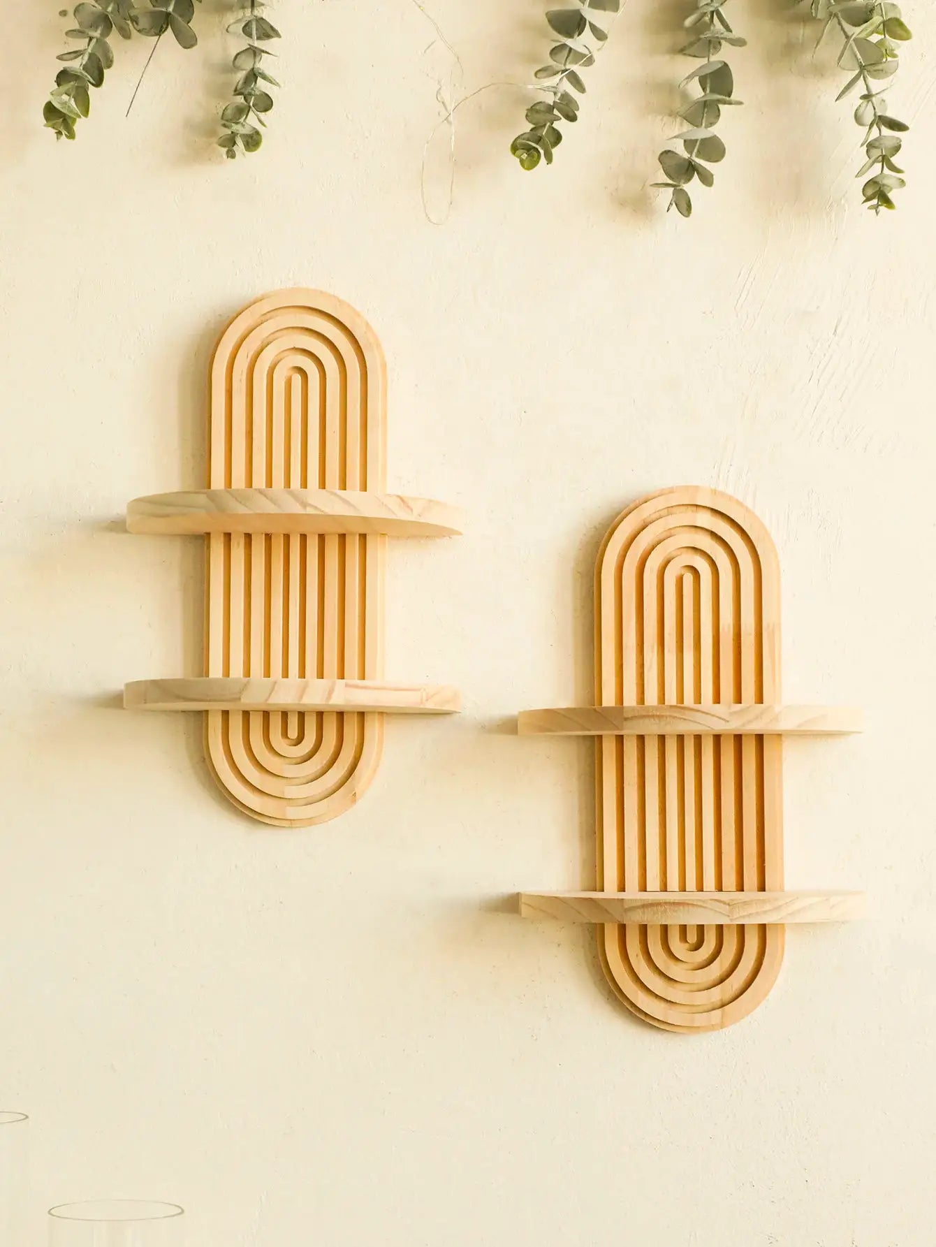 Two boho-style wooden wall shelves with nested arch design in natural wood finish, Simples Market